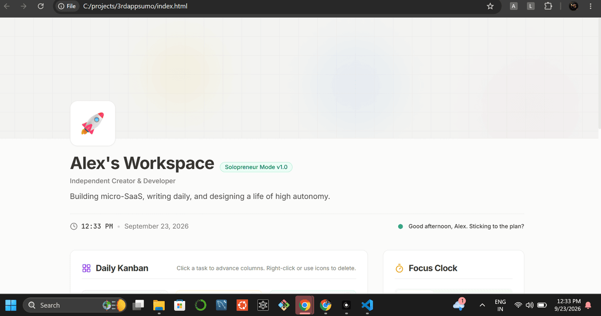 Solopreneur Notion-Style Workspace Dashboard Hub (HTML5/Tailwind)
